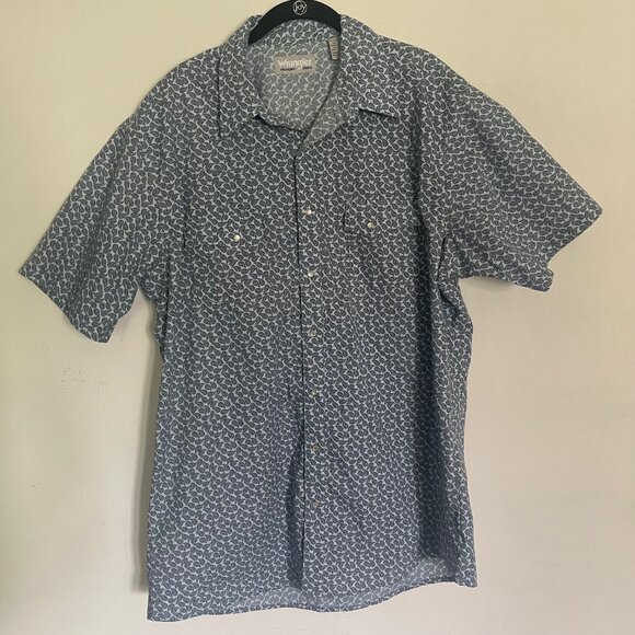 Wrangler Wrancher Shirt Pearl Snap Mens XL XLT Tall Western Blue Paisley A5 - Picture 1 of 8